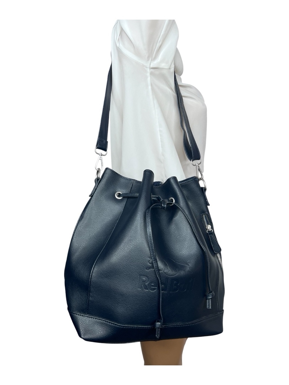 Red Bull Leather Bucket Backpack Large Navy Blue Adjustable Drawsting Pockets